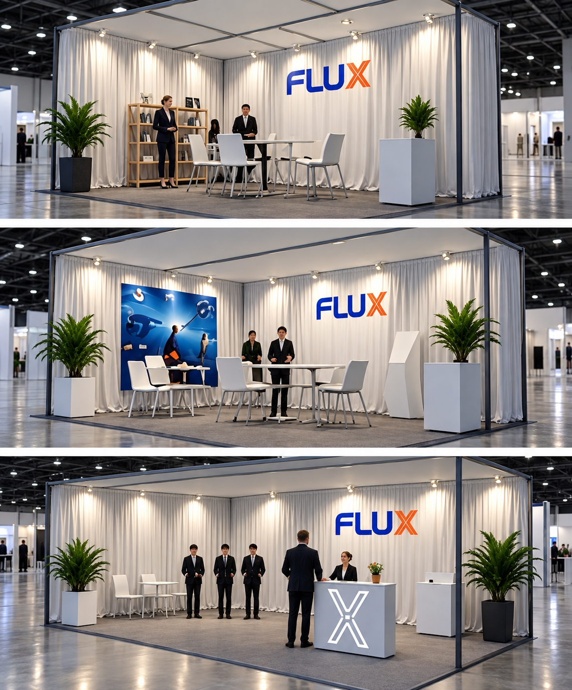 Tre esempi illustrativi di allestimento FLUX, dall’alto: 12 mq, 14/15 mq e 16 mq